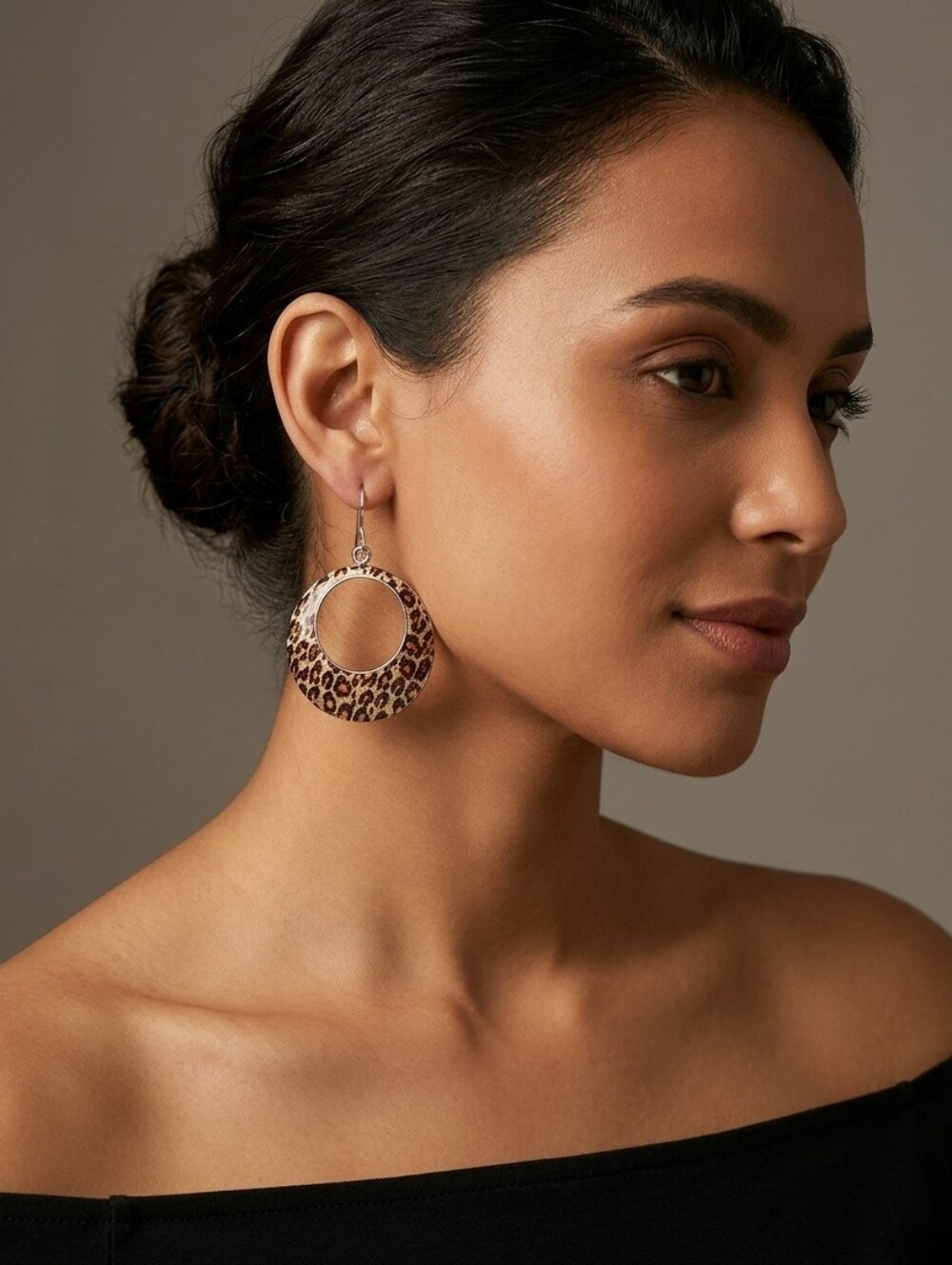 Sterling Silver Enamel Leopard Print Open Hoop Dangle Earrings 2"
